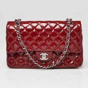 Chanel Red Quilted Patent Leather Classic Medium Double Flap Bag